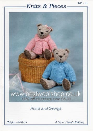 KP01 - KNITS & PIECES ANNIE & GEORGE TEDDY BEAR KNITTING PATTERN BY SANDRA POLLEY