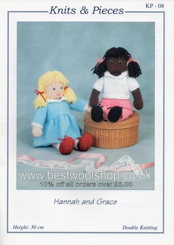 KP08 KNITS & PIECES HANNAH & GRACE DOLL & CLOTHES KNITTING PATTERN BY SANDRA POLLEY