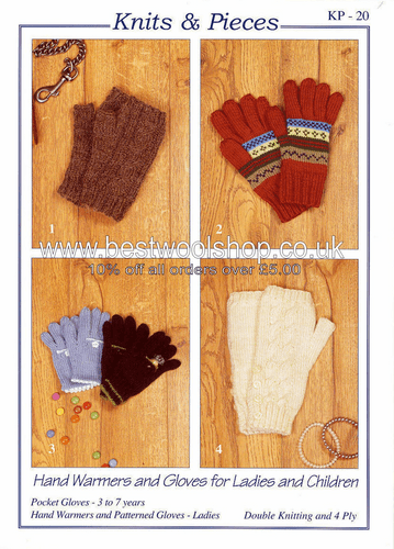KP20 KNITS & PIECES HAND WARMERS & FINGERLESS GLOVES  & GLOVES KNITTING PATTERN BY SANDRA POLLEY