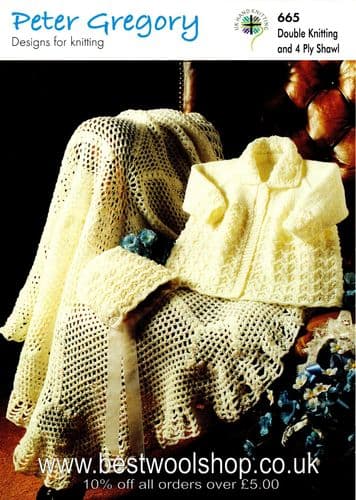 PG665 PETER GREGORY DK BABY COAT & BONNET KNITTING PATTERN & 4 PLY SHAWL CROCHET PATTERN
