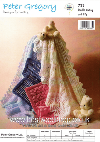 PG733 PETER GREGORY DK & 4 PLY SHAWL & 4 PLY SHAWL PATTERN & DK PRAM COVER KNITTING PATTERN