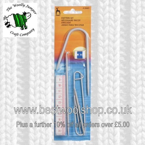 PONY KNITTERS SET 7 PIECE ROW COUNTER - HOLDER - TAPE MEASURE CABLE & WOOL NEEDLE PICK UP NEEDLE