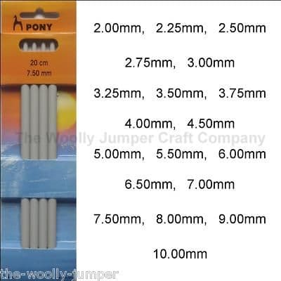 PONY SOCK NEEDLES - LENGTH 20cm - PACK OF 4 - SIZES 2mm TO 10mm