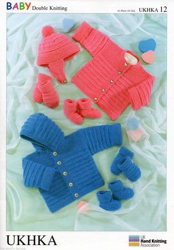 UKHKA 012 - DK HOODED JACKET CARDIGAN HAT MITTENS & BOOTEES KNITTING PATTERN - TO FIT 0 TO 2 YEARS