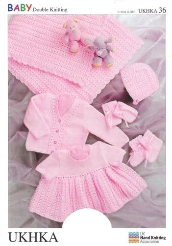 UKHKA 036 - DK CARDIGAN DRESS SHAWL BONNET MITTENS KNITTING PATTERN - TO FIT CHEST 12" TO 20"