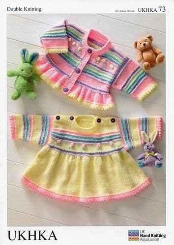 UKHKA 073 - DK DRESS & CARDIGAN KNITTING PATTERN - SIZE BIRTH TO 4 YEARS