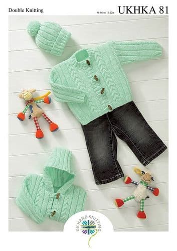 UKHKA 081 - DK JACKET CARDIGAN & HAT KNITTING PATTERN - SIZE BIRTH TO 2 YEARS
