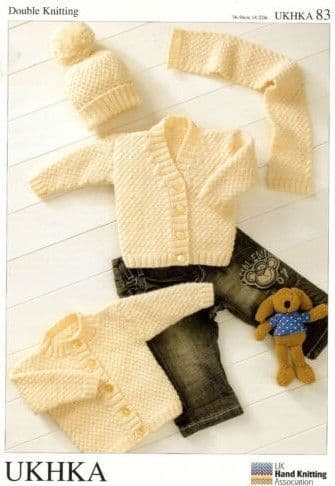 UKHKA 083 - DK CARDIGAN HAT & SCARF KNITTING PATTERN - SIZE BIRTH TO  2 YEARS