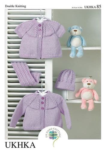 UKHKA 085 - DK CARDIGAN, HAT & SCARF KNITTING PATTERN - SIZE BIRTH TO 2 YEARS