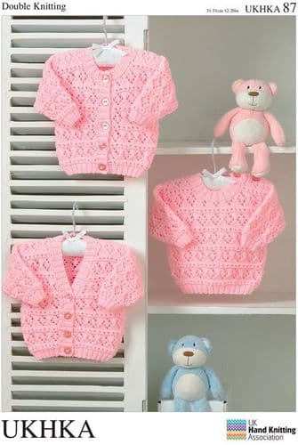 UKHKA 087 - DK CARDIGAN & SWEATER KNITTING PATTERN - SIZE BIRTH TO 2 YEARS