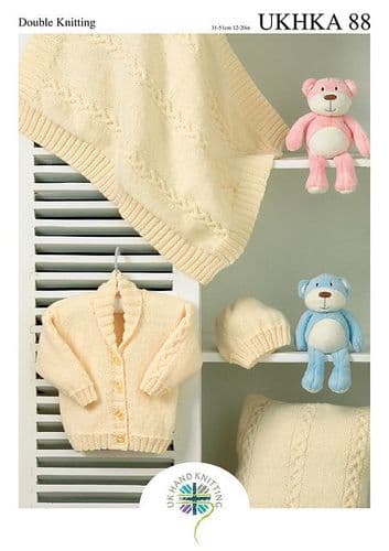 UKHKA 088 - DK JACKET HAT BLANKET & CUSHION KNITTING PATTERN - SIZE BIRTH TO 12 MONTHS
