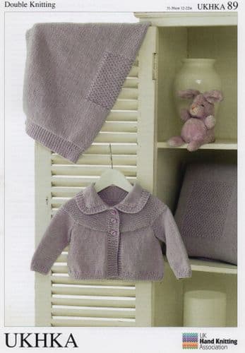 UKHKA 089 - DK CARDIGAN BLANKET & CUSHION KNITTING PATTERN - SIZE BIRTH TO 2 YEARS