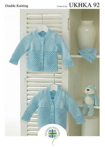 UKHKA 092 - DK CARDIGAN & HAT KNITTING PATTERN - SIZE BIRTH TO 2 YEARS