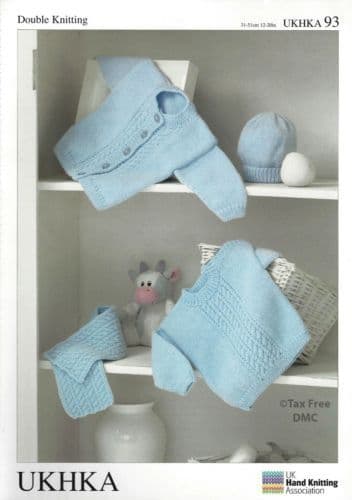 UKHKA 093 - DK SWEATER CARDIGAN HAT & SCARF KNITTING PATTERN - SIZE BIRTH TO 12 MONTHS