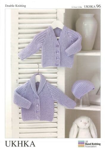 UKHKA 096 - DK CARDIGAN & HAT KNITTING PATTERN - SIZE BIRTH TO 12 MONTHS