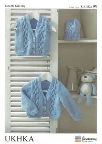 UKHKA 099 - DK CARDIGAN WAISTCOAT & HAT KNITTING PATTERN - SIZE PREMATURE TO 2 YEARS