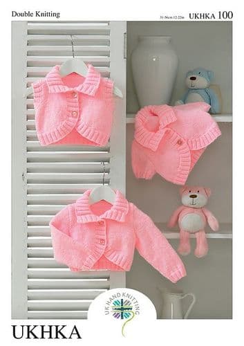 UKHKA 100 - DK CARDIGAN & WAISTCOAT KNITTING PATTERN - SIZE PREMATURE T0 2 YEARS