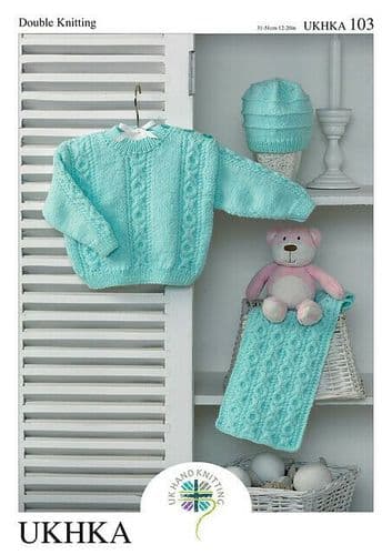 UKHKA 103 - DK SWEATER HAT & SCARF KNITTING PATTERN  - SIZE PREMATURE TO 12 MONTHS