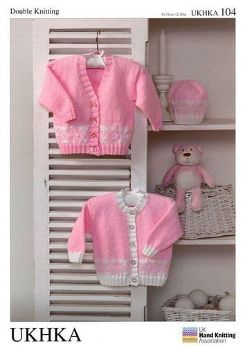 UKHKA 104 - DK CARDIGAN & HAT KNITTING PATTERN - SIZE PREMATURE TO 12 MONTHS