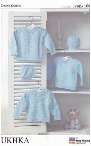 UKHKA 108 - DK SWEATER & HAT KNITTING PATTERN - SIZE PREMATURE TO 12 MONTHS