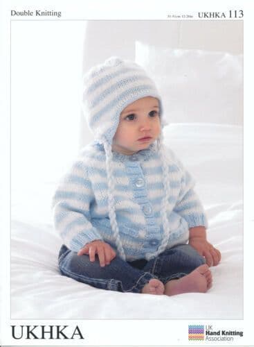 UKHKA 113 - DK CARDIGAN HELMET & SCARF KNITTING PATTERN - SIZE PREMATURE TO 12 MONTHS