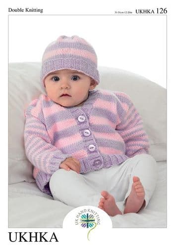 UKHKA 126 - DK CARDIGAN & HAT KNITTING PATTERN - SIZE BIRTH TO 12 MONTHS