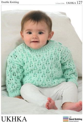 UKHKA 127 - DK CARDIGAN & SWEATER KNITTING PATTERN - SIZE BIRTH TO 12 MONTHS