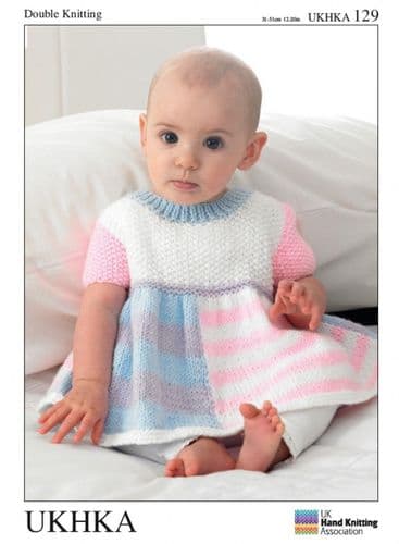 UKHKA 129 - DK DRESS CARDIGAN & HAT KNITTING PATTERN - SIZE BIRTH TO 12 MONTHS