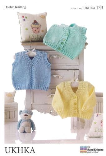 UKHKA 133 DK CARDIGAN WAISTCOAT & TANK TOP KNITTING PATTERN - PREM TO 12 MONTHS