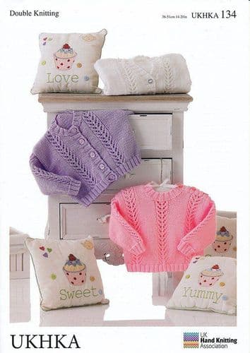 UKHKA 134 - DK SWEATER & CARDIGAN KNITTING PATTERN - SIZE BIRTH TO 12 MONTHS