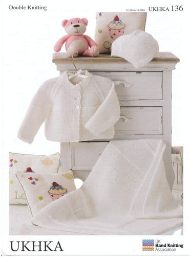 UKHKA 136 - DK CARDIGAN HAT & BLANKET KNITTING PATTERN - SIZE BIRTH TO 12 MONTHS