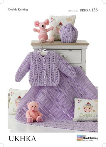 UKHKA 138 - DK CARDIGAN HAT & BLANKET KNITTING PATTERN - TO FIT 12" TO 20"