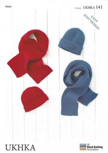 UKHKA 141 - ARAN EASY KNIT HAT & SCARF KNITTING PATTERN - SIZE 4 TO 12 YEARS
