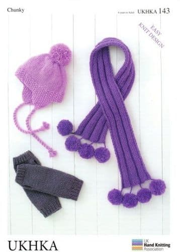 UKHKA 143 - CHUNKY EASY KNIT HELMET WRISTWARMERS & SCARF KNITTING PATTERN - SIZE 4 YEARS TO ADULT