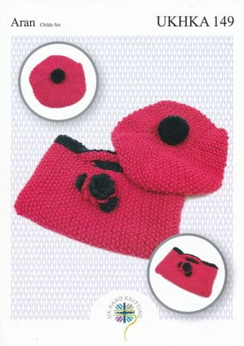 UKHKA 149 - ARAN CHILDS BERET & FLORAL BAG KNITTING PATTERN