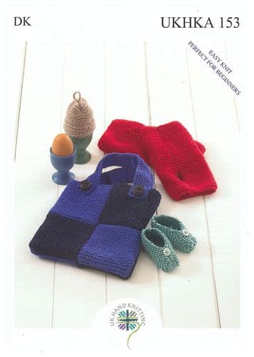 UKHKA 153 DK EASY KNIT BABY SHOES, EGG COSY, WRIST WARMERS & BAG KNITTING PATTERN