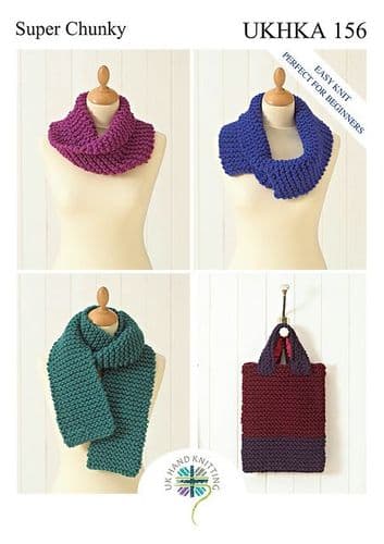 UKHKA 156 - SUPER CHUNKY EASY KNIT SCARF BAG & SNOOD KNITTING PATTERN