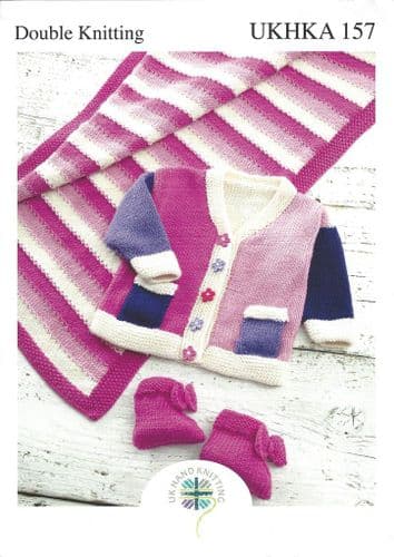 UKHKA 157 DK JACKET PRAM RUG AND BOOTEES KNITTING PATTERN - SIZE BIRTH TO 12 MONTHS