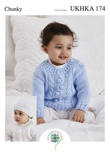 UKHKA 174 - CHUNKY SWEATER SLIPOVER & HAT KNITTING PATTERN - TO FIT CHEST SIZE 12" TO 20"