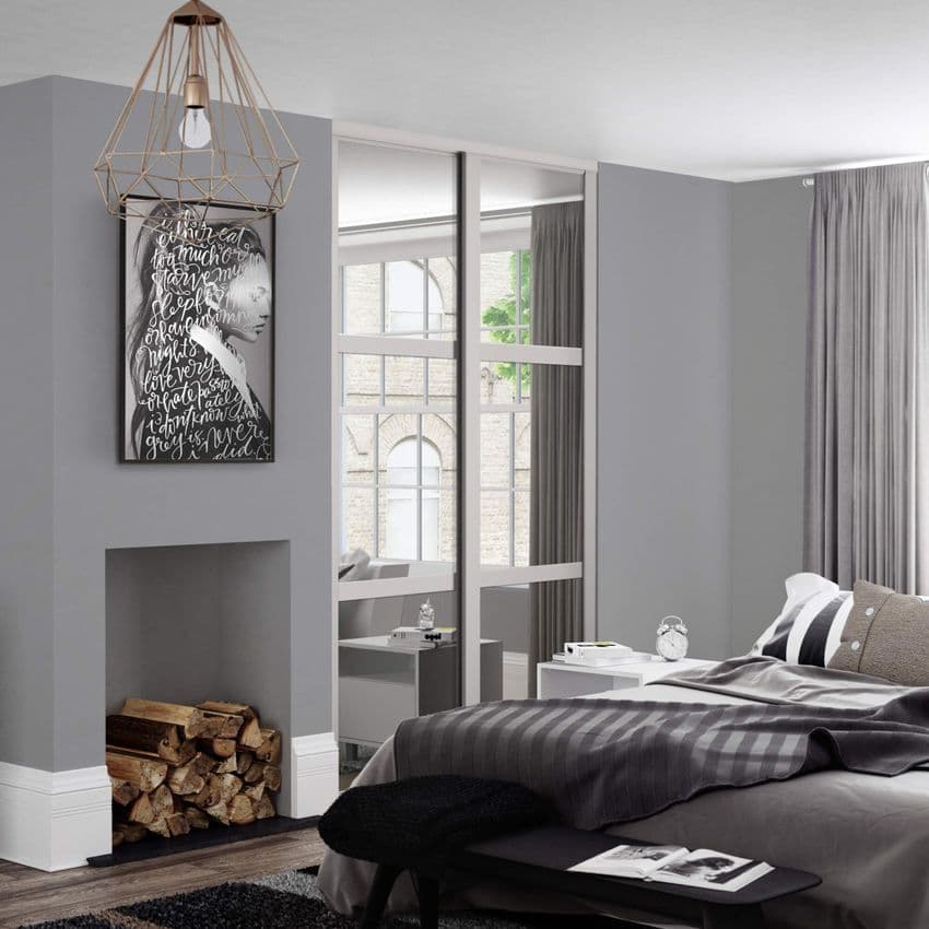 2 Doors and track: 2 x 914mm Shaker 3 panel Cashmere frame mirror doors for an opening width 1449mm