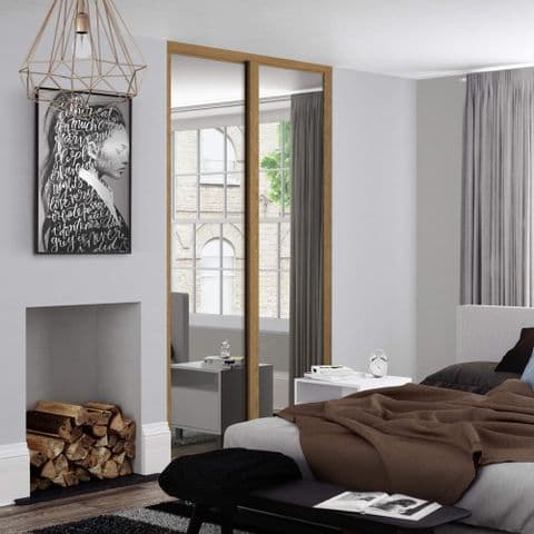 2x 914mm Spacepro Shaker Oak Framed Mirror Sliding Doors for an opening width 1753mm