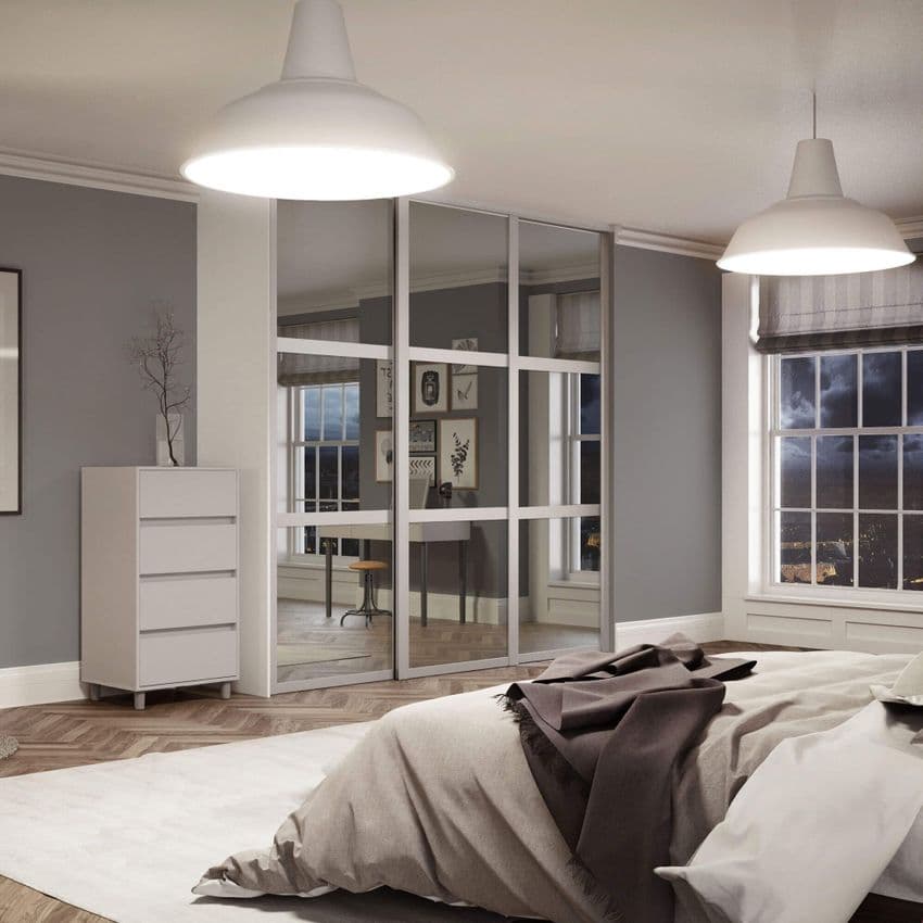 3 Door and track: 3 x 610mm Shaker 3 panel Cashmere frame mirror doors for an opening width 1680mm