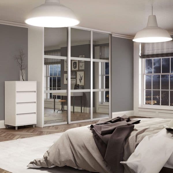 3 Door and track kit: 3 x 610mm Shaker 3 panel White frame mirror doors for an opening width 1680mm