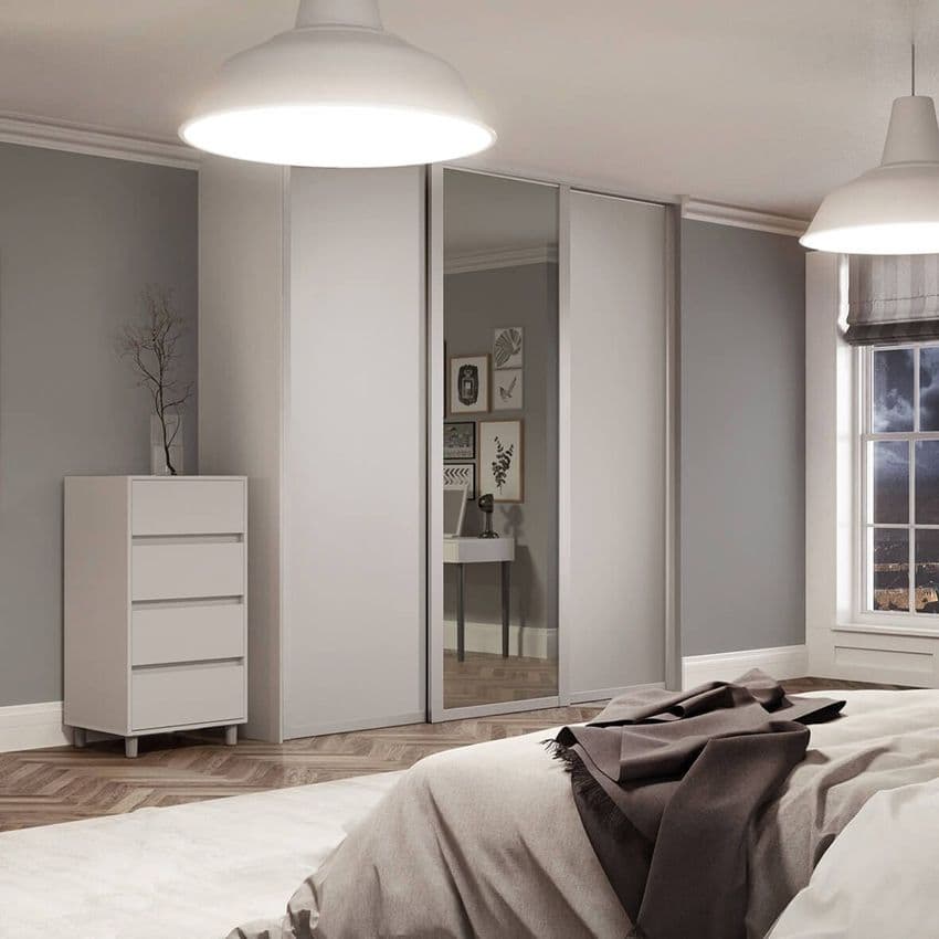 3 Doors and track: 2x762mm Shaker Cashmere frame and panel/1x mirror-for an opening width 2136mm
