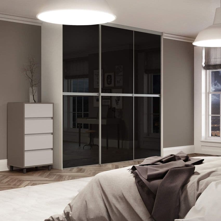 3x 914mm Minimalist Black Glass Sliding Door Kit for an opening width of 2692mm