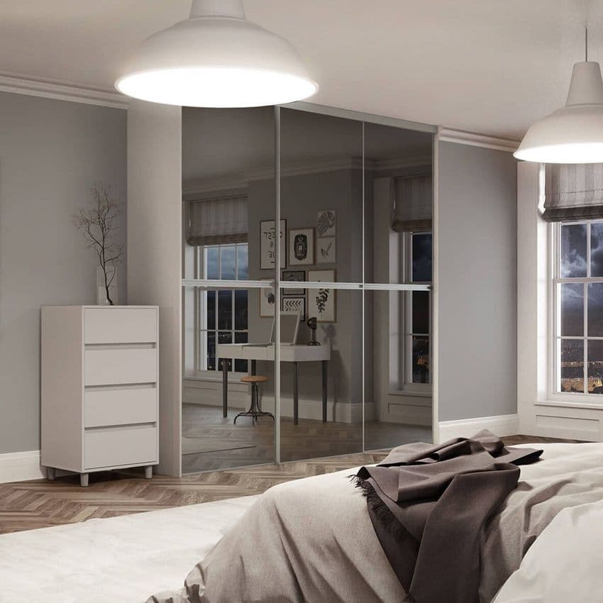3x 914mm Minimalist Grey Mirror Sliding Door Kit for an opening width of 2692mm