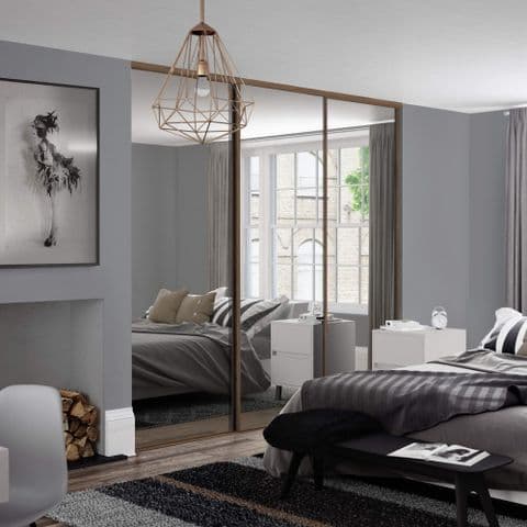 3x Classic 762mm doors and track kit, Carini Walnut frame and mirror, for an opening width 2216mm
