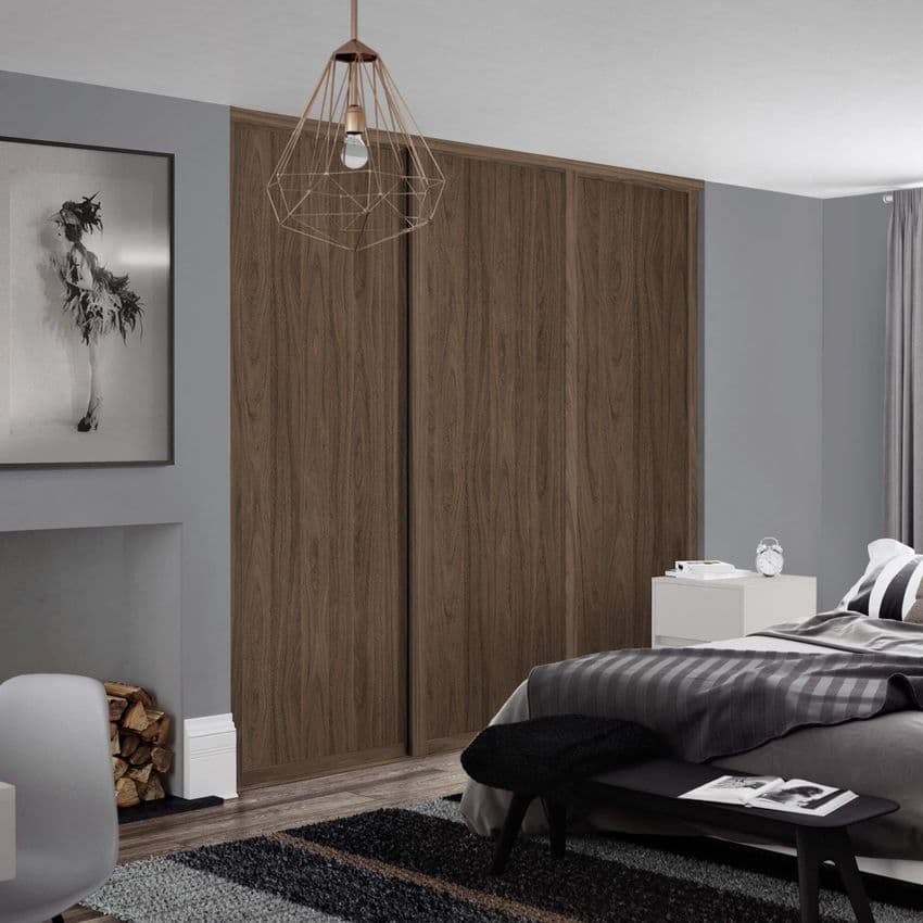 3x Shaker 914mm doors and track kit, Carini Walnut frame and panel, for an opening width 2592mm