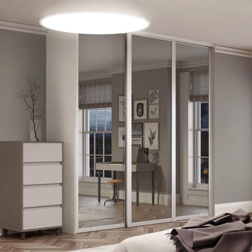 3x762mm Shaker single panel White Frame/mirror doors and track for an opening width 2136mm