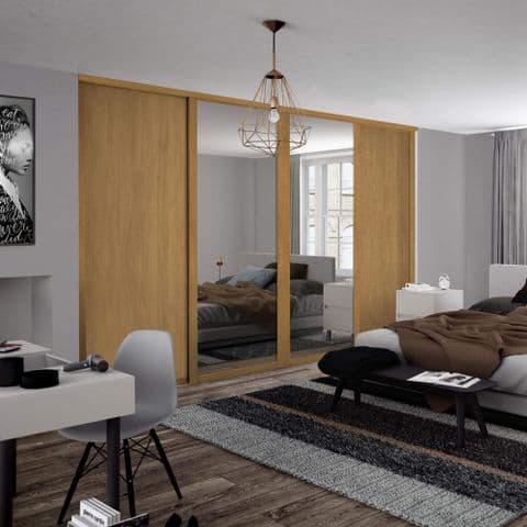 4 Door and track KIT-2x 762mm Shaker Oak frame and panel/ 2x mirror, for an opening width 2898mm